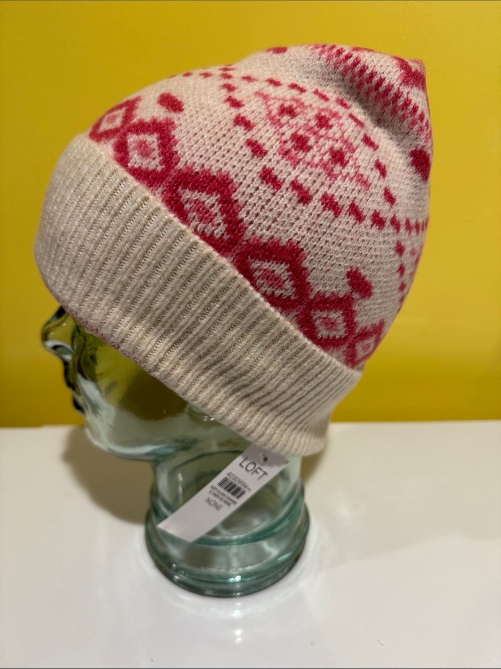 LOFT Cream & Pink Fair Isle Knit Hat